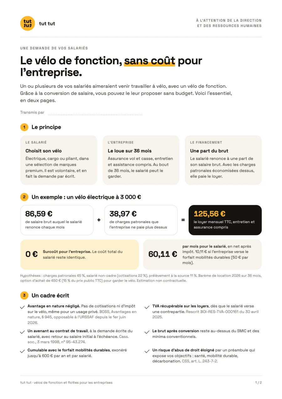 Première page du document : le vélo de fonction, sans coût pour l'entreprise.