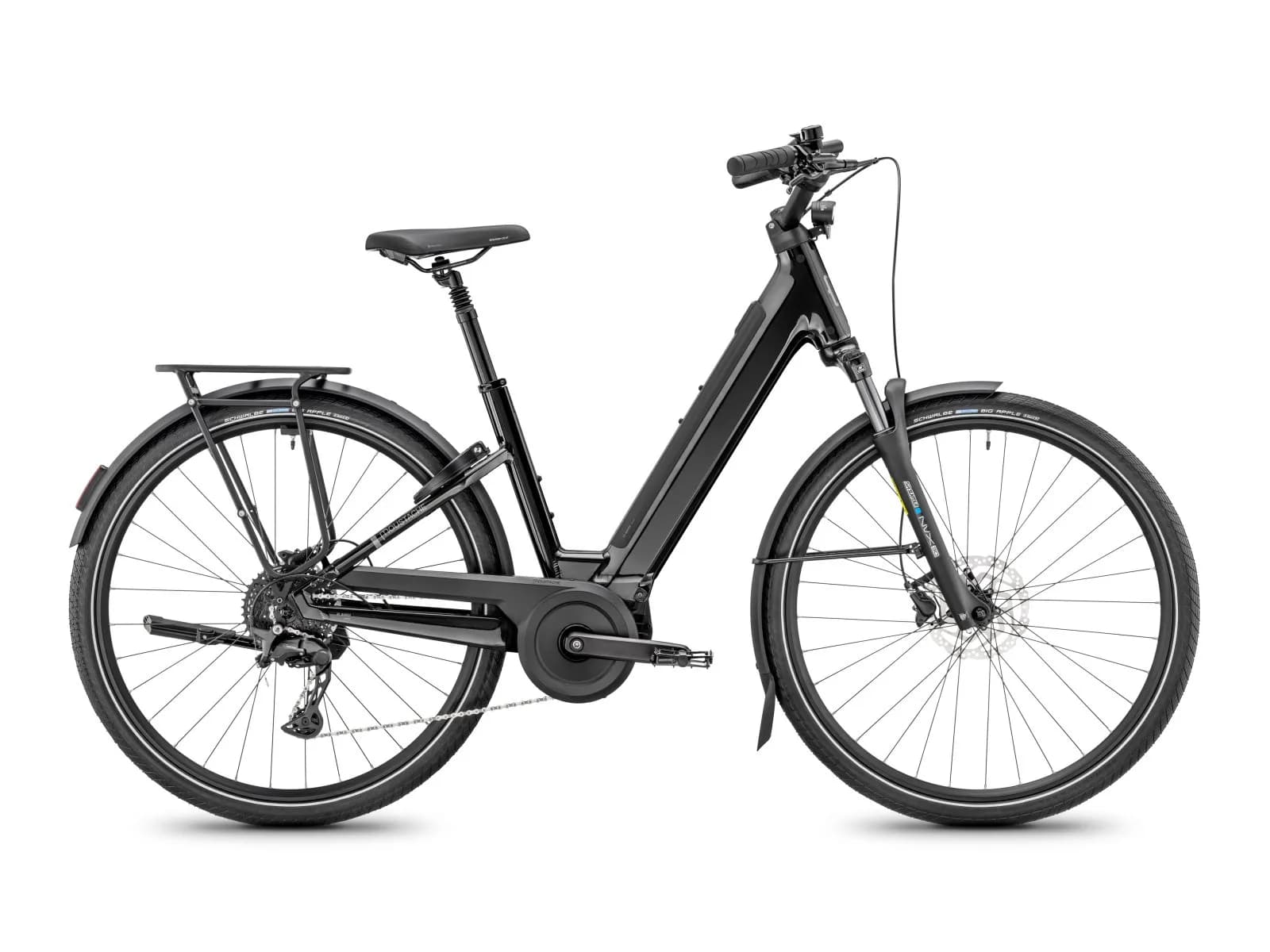 Moustache Samedi 28 ES noir vu de profil : vélo électrique à cadre ouvert, porte-bagages, garde-boue et éclairage.