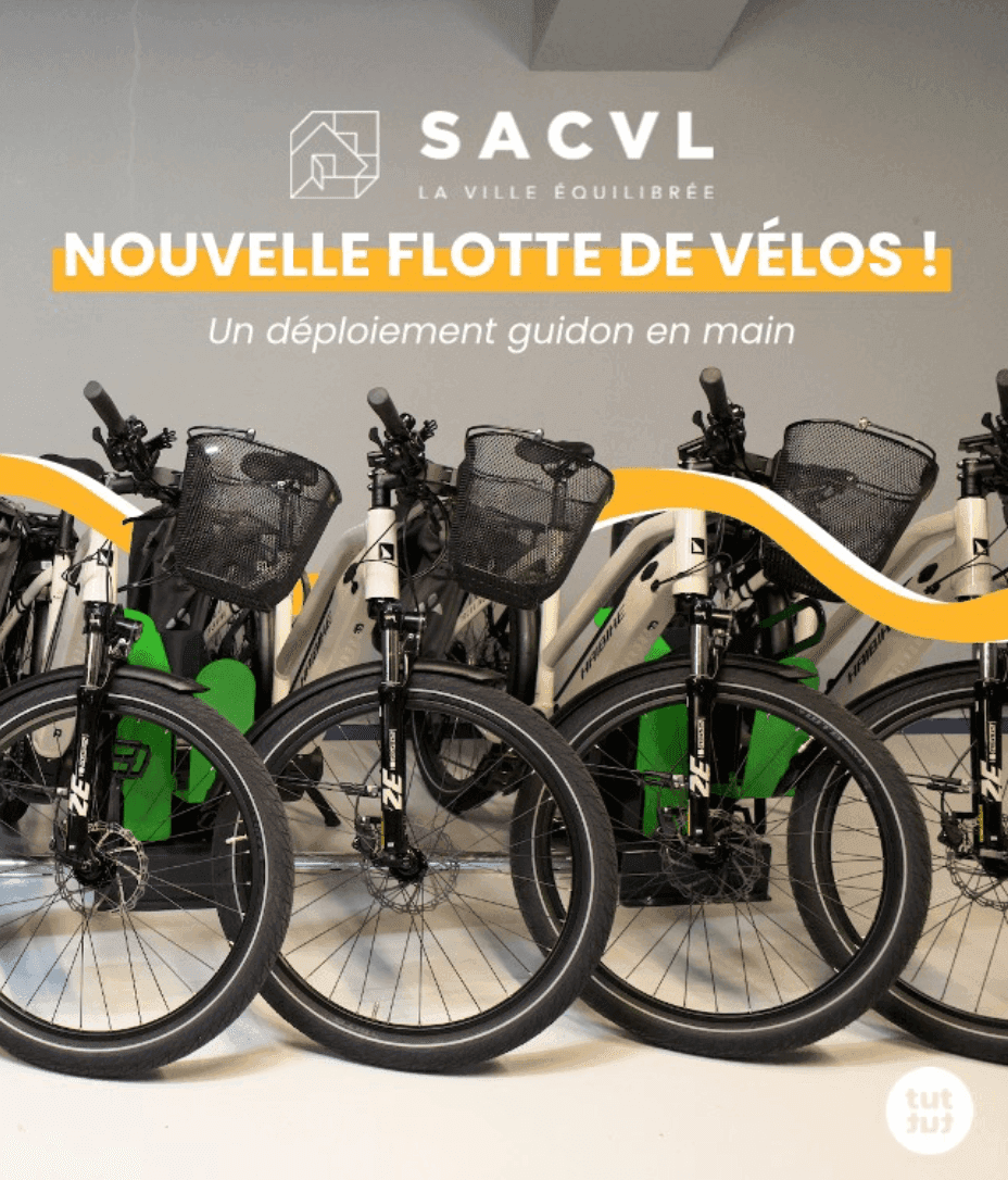Line of new SACVL electric bicycles with baskets and yellow accents.