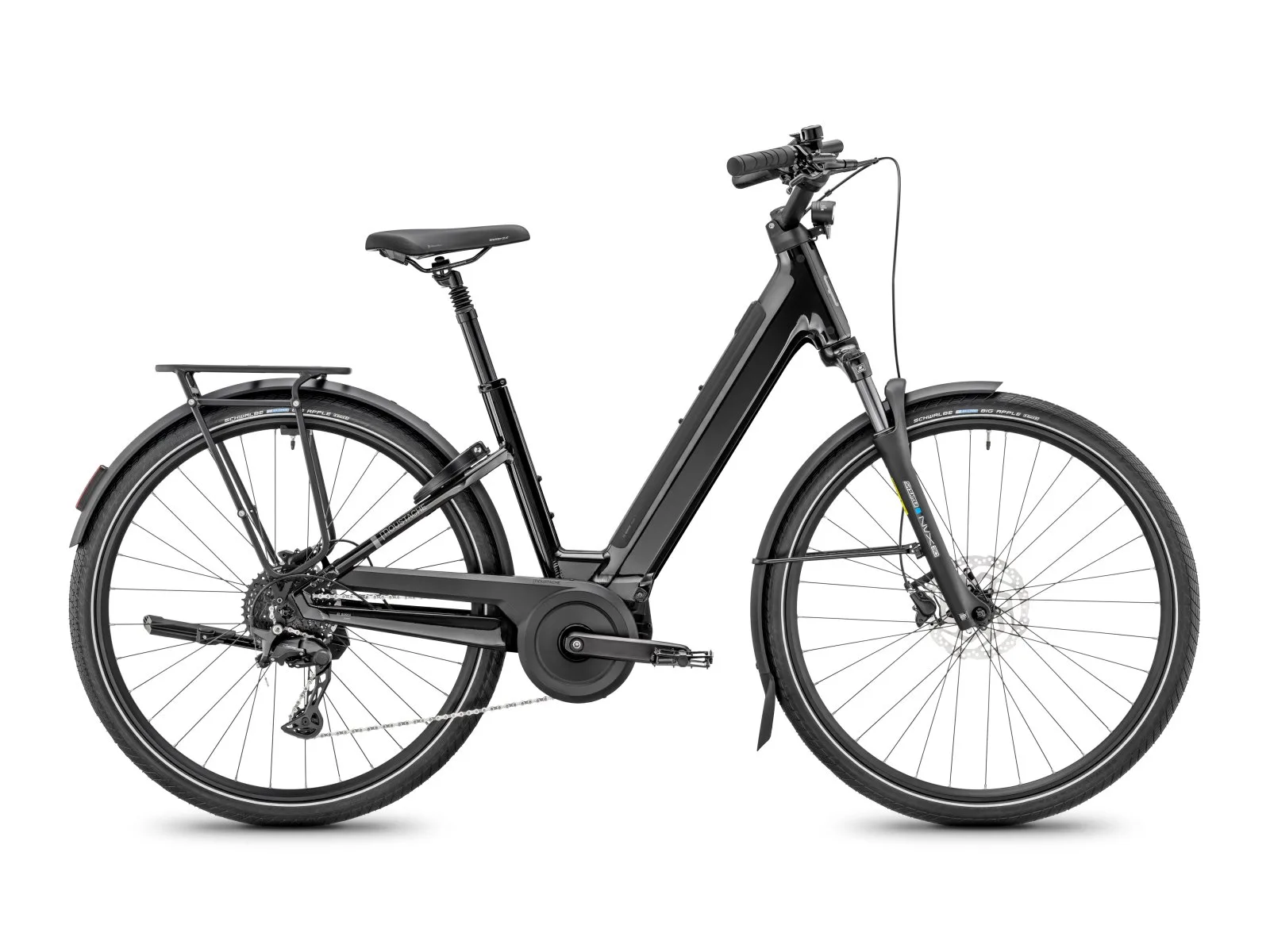 Moustache Samedi 28 ES noir vu de profil : vélo électrique à cadre ouvert, porte-bagages, garde-boue et éclairage avant.